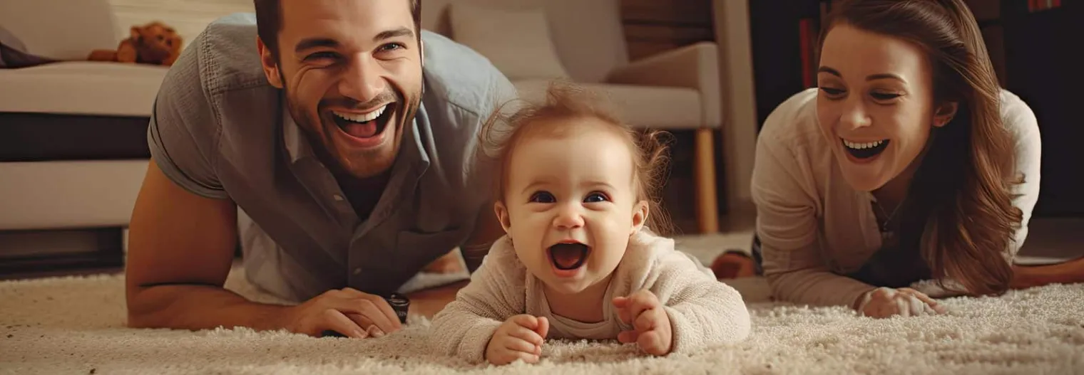 Una pareja de adultos jugando con su hija felices sobre una alfombra